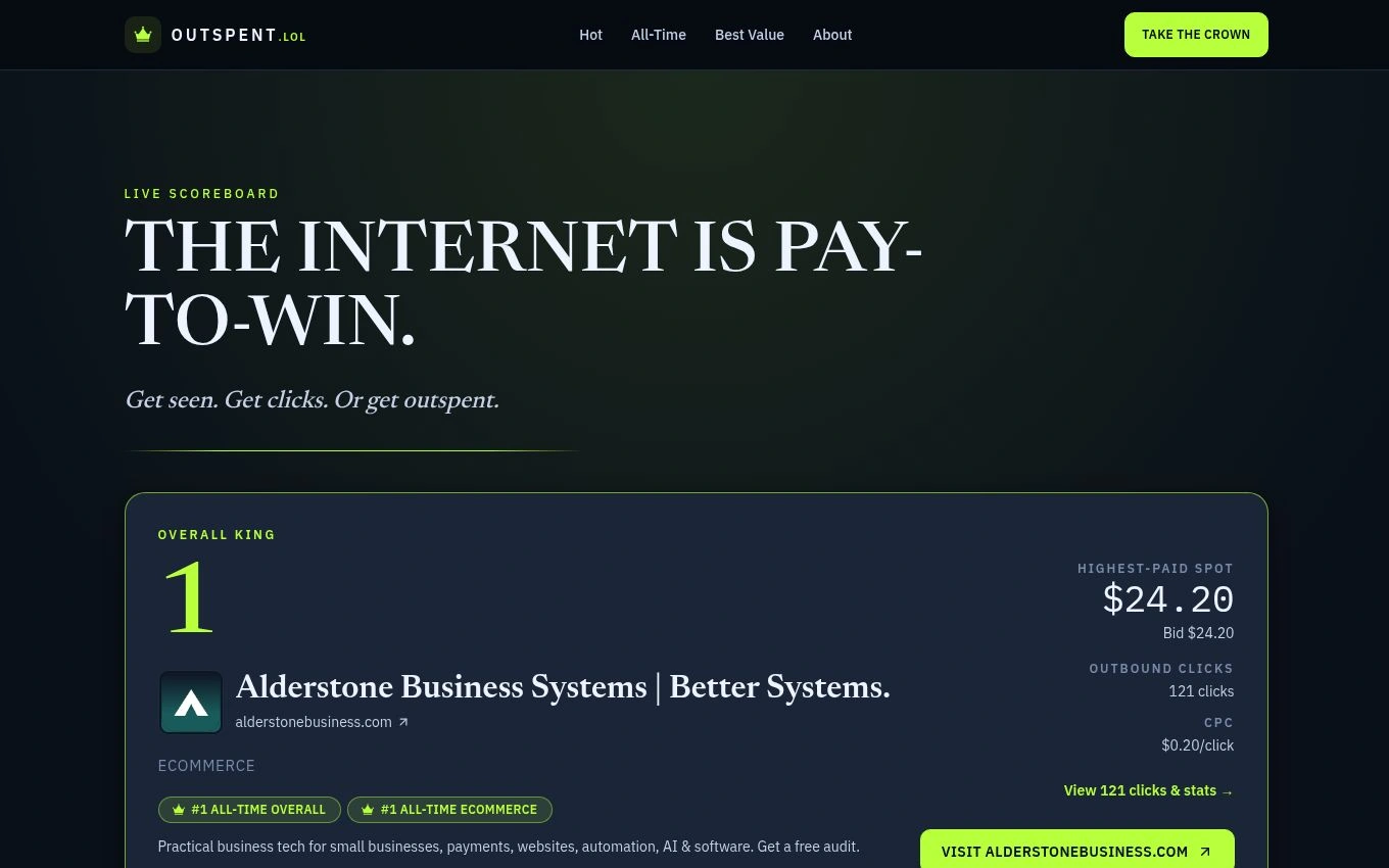 Outspent â€” Alderstone product with leaderboard and live payments